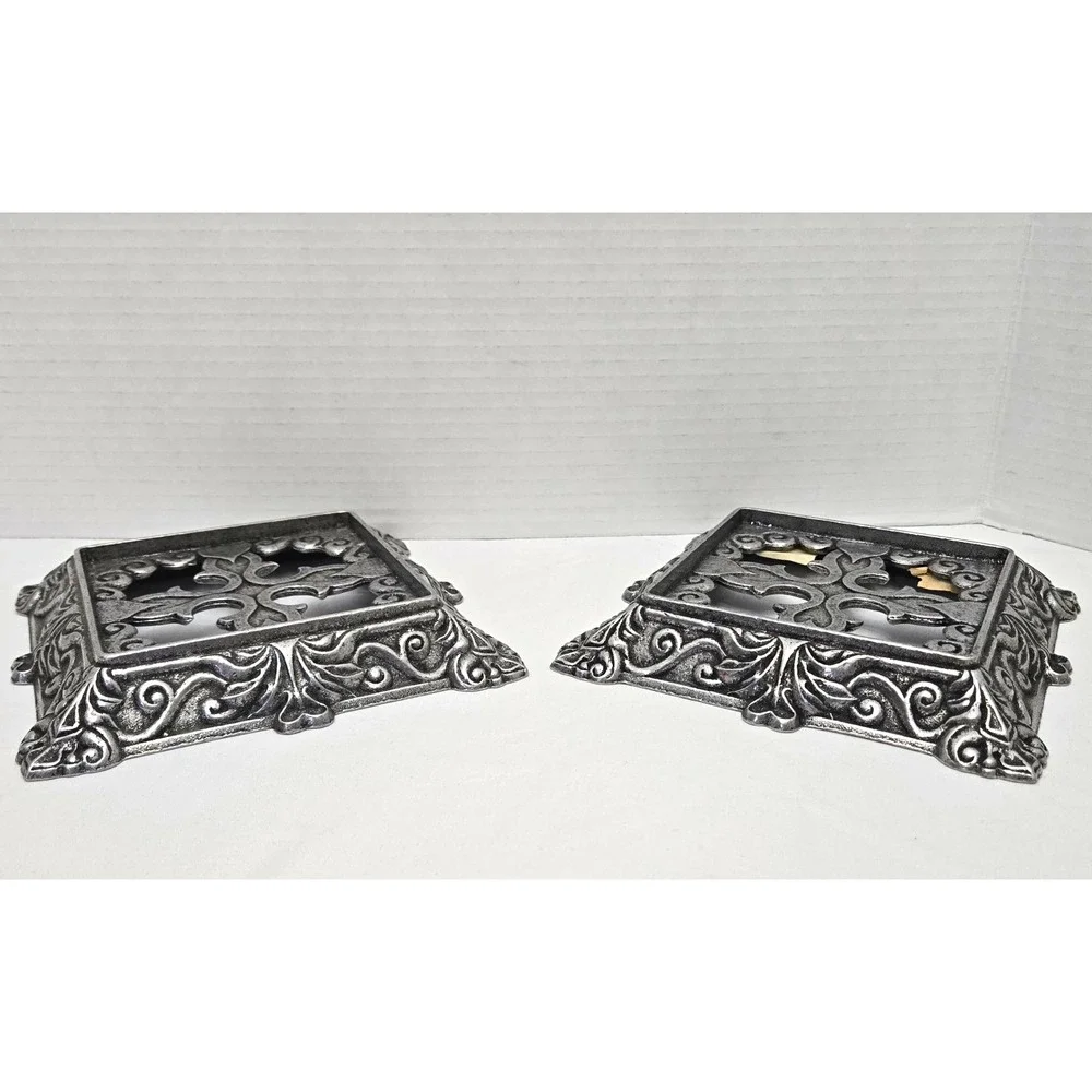 Vtg 1999 Carson Statesmetal Pewter Tone Ornate Hearts Square Candle Holder Bases